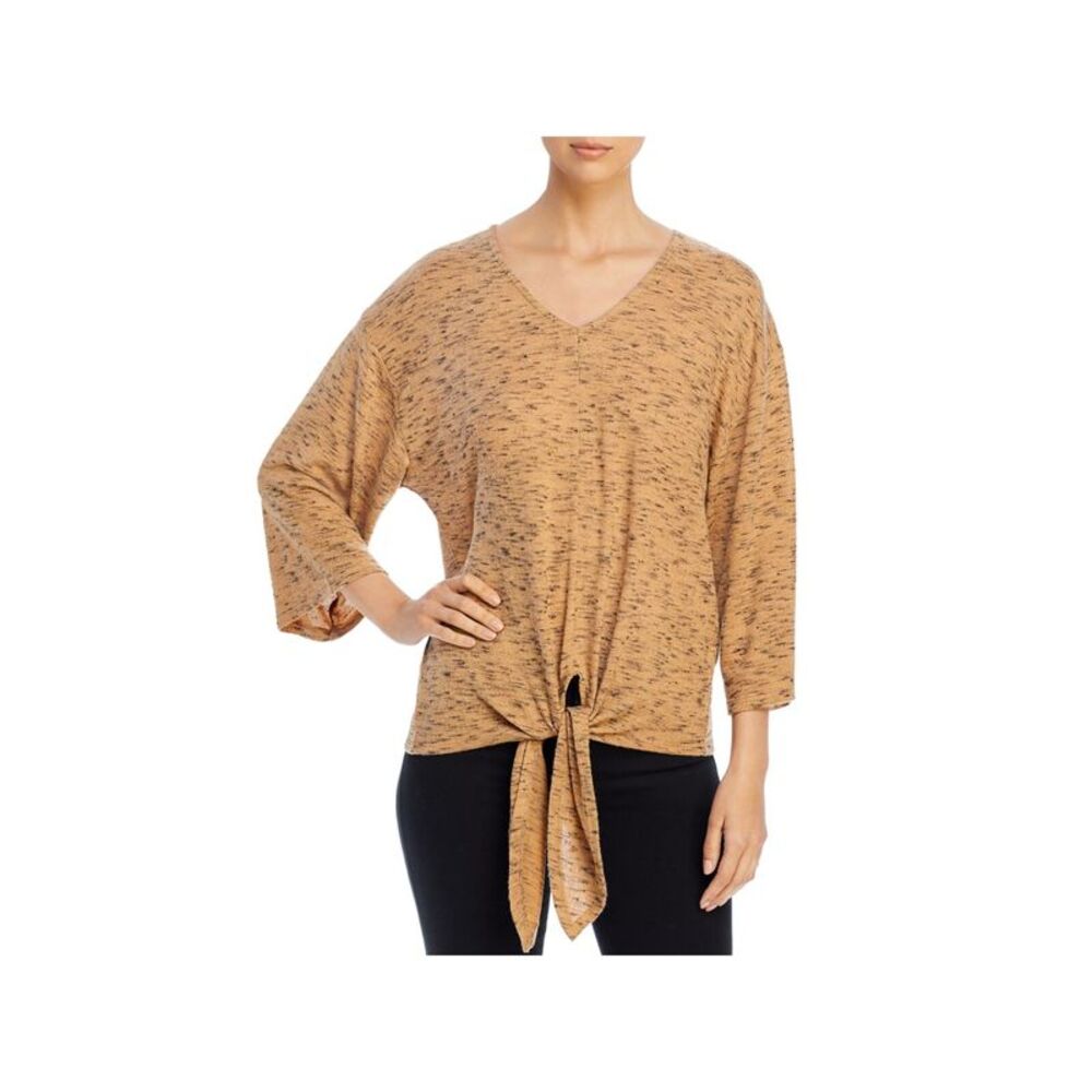 A + A COLLECTION Womens Brown Heather 3/4 Sleeve V Neck Sweater M